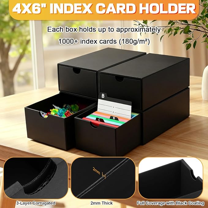 10Packs 4x6 Index Card Box,Index Card Organizer Box with Lid,Hold 10000 Cards,Black Recipe Holder for 4''x6'' Notecard Recipe Flashcard Card - Image 3