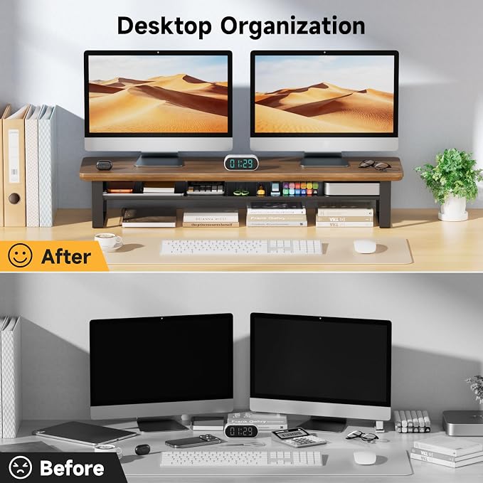 Dual Monitor Stand, 35.4 Inch Monitor Stand Riser for 2 Monitors, 2 Tiers Wood Desk Shelf with Storage, Desktop Organizer Stand for Computer, Laptop, Printer, TV - Image 3
