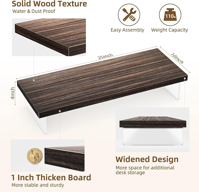 Monitor Stand Riser, 25x10 in Wood & Acrylic Computer Desk Organizer Shelf | Computer Monitor Stand With Wood & Acrylic Design; Works As Laptop Riser, Printer Stand, TV Screen Riser And Desk Organizer. - Image 3