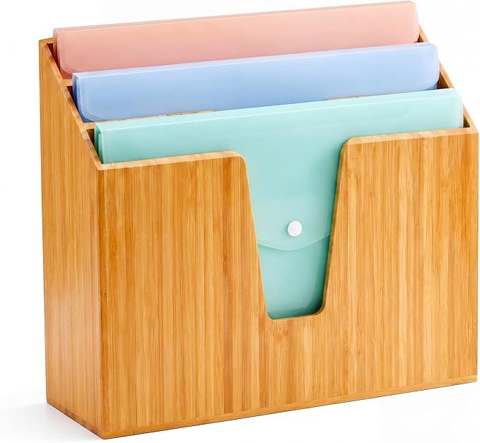 Suzile Bamboo Wall Mounted File Folder Holder Organizer, 3-tier Vertical File Organizer Wooden Sorter Rack for Office, Home, Desktop, Desk Letter Mail Document Storage, 13" x 4.5" x 11.5" by Suzile