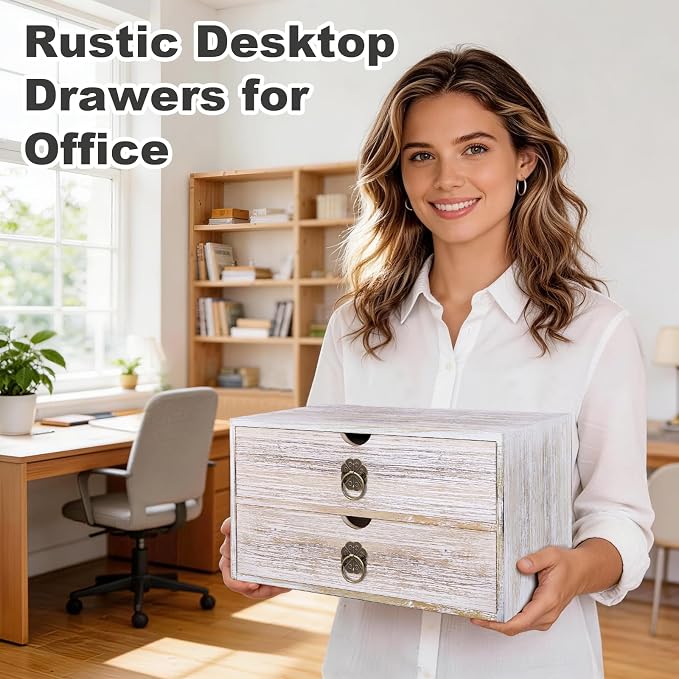 Wood Desk Organizer, Vintage Brown Wooden Desktop Organizer with Drawer, Tabletop Storage Organization Box for Countertop, Home Office Supplies, Bills, 13.3 x 6.5 x 7 Inches(2 Drawer) - Image 4