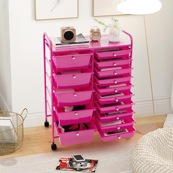 DORTALA 15-Drawer Rolling Storage Cart with Drawers, Rolling Utility Cart w/Removable Drawers & Universal Wheels, Tools Scrapbook Paper Organizer for School, Office, Home, Classroom (Hot Pink) - Image 2