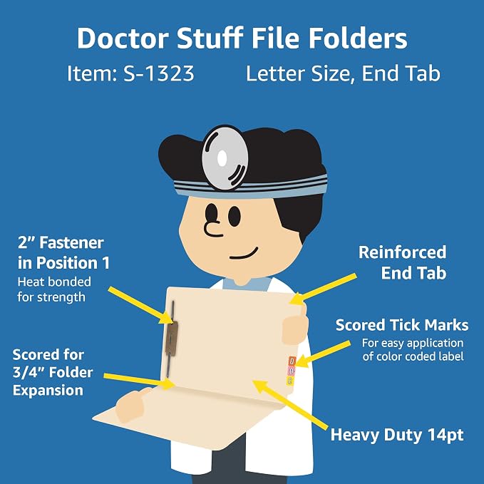 Medical File Folders with Fastener, Doctor Stuff, Letter Size, Reinforced End Tab Folders with 2” Bonded Fastener on Inside Back, 14 pt Manila Stock, Box of 50 - Image 2