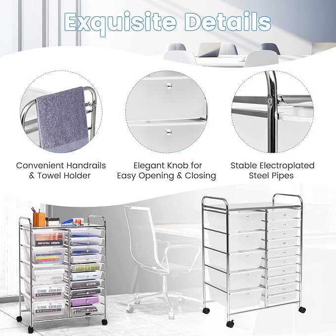 COSTWAY 15 Drawer Rolling Storage Cart, Mobile Storage Organizer | Removable Drawers & Metal Frame, Multipurpose Utility Tools Paper Organizer on Wheels for Home, Office (Transparent) - Image 5