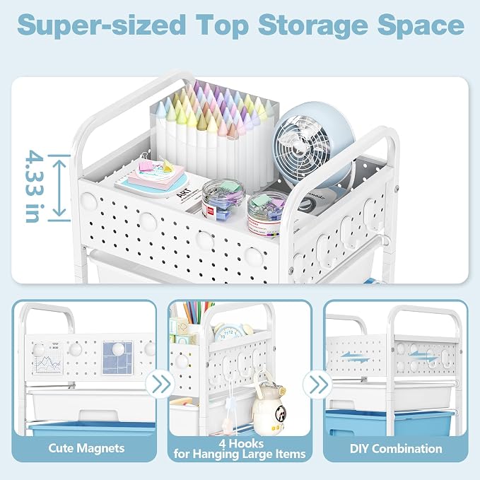5 Drawer Rolling Storage Cart with Pegboard Top and Hooks, Ice Cream | Mobile Organizer Cart with Wheels for Office Supplies, Craft Storage, Classroom Organization, Home Utility Cart - Image 4