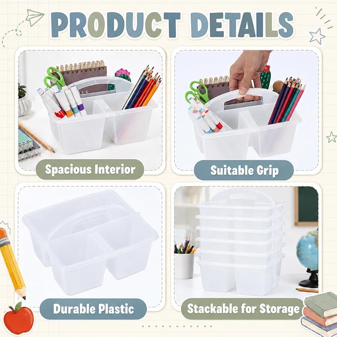 6 Pack 3 Compartment Small Caddy Plastic Classroom Organizer with Handle Portable Teacher Supply Storage Caddy Craft Art Caddies for Pencil, Crayon, Marker, Home, Office, School Supplies(Clear) - Image 3