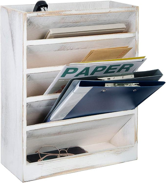 Vintage Rustic Wooden 5 Slot Office Desk or Distressed Torched Wood Wall Mounted Hanging Document Filing Organizer，Magazine Rack，Mail Holder Organizer display stand by VERGOODR