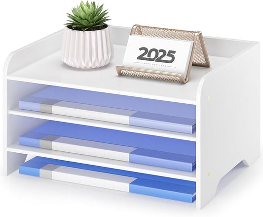 Bamboo File Organizer for Desk, Paper Tray with Pen Holder | Open tiers and a pen holder sort Letter/A4 paper, folders and office supplies while keeping your workspace clutter-free by WisuceHome