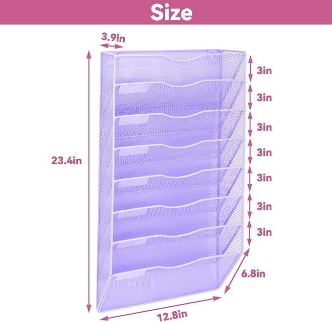 8 Pockets Mesh Wall File Holder Organizer Office Hanging File Folder Magazine Rack, Nametag Label Hooks Set Included (Purple) - Image 2