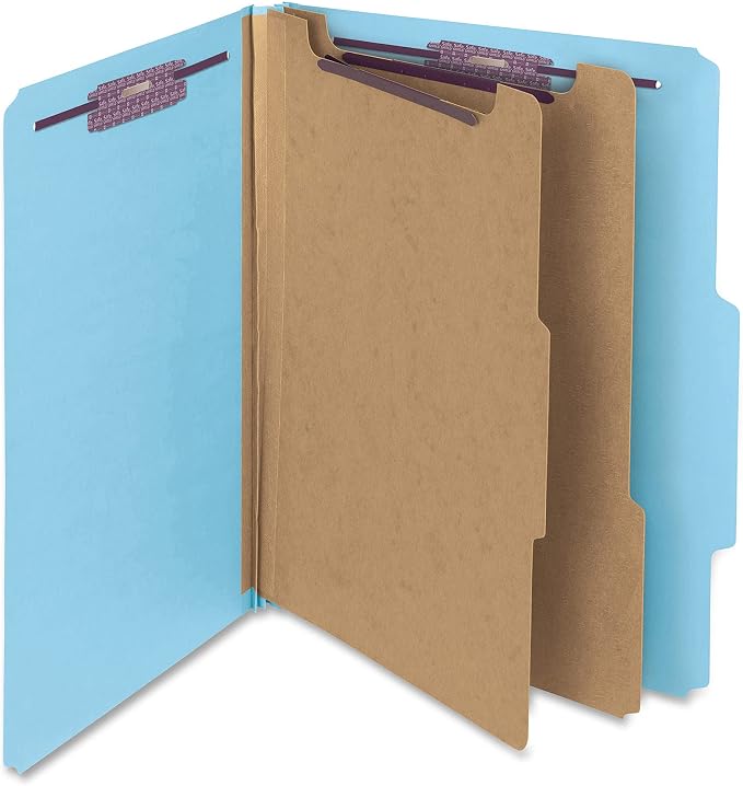Smead Pressboard Classification File Folder with SafeSHIELD Fasteners, 2 Dividers, 2" Expansion, Letter Size, Blue, 10 per Box (14030) by SMEAD