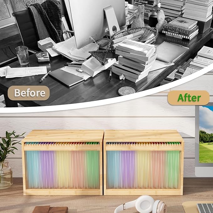 Bamboo Hanging File Organizer, Desktop File Box with Lids, 2 Pack, Natural | Removable Lid, Clear Acrylic Side Panels, 4 Hanging Folders Included, Helps Reduce Dust, Letter & Legal Size, Easy Assembly - Image 3