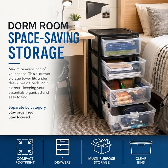 2PCS,4-Drawer Storage Tower, Plastic Organizer with Clear Removable Bins | Clear Removable Bins, Tool-Free Assembly, Integrated Carry Handles, Drawer Stops, BPA-Free Plastic, 4-Drawer Capacity - Image 7