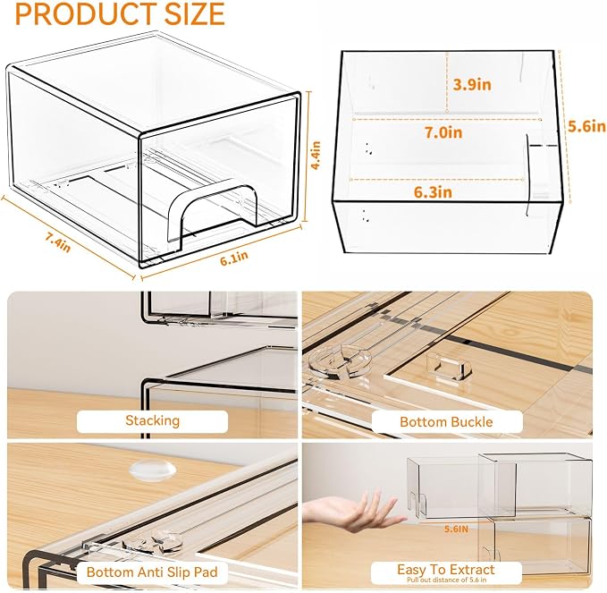 8 Pack Small Stackable Storage Bins,Clear Acrylic Drawer Boxes,Medicine Cabinet Organizer,Plastic Containers for Organizing Vanity,Undersink,Pantry,Bathroom Makeup Organizer,Home Organization - Image 3