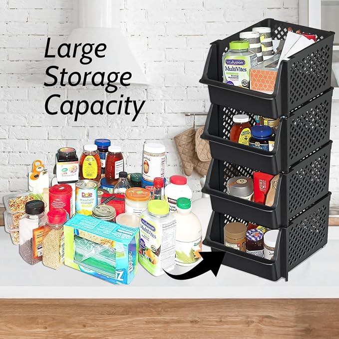 Skywin Stackable Storage Bins Open Front for Pantry Storage, 4 Pack - Black | Sturdy Plastic, Easy Stacking, Open Front Access, Ventilated Sides, Vertical & Space Saving Pantry Organizers and Storage Bin - Image 3