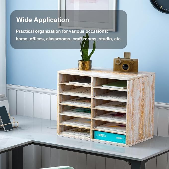 Countertop Mail Sorter Organizer, Wooden Literature Organizer, Student Mailbox for Classroom, Desktop Bill Organizer for Office Home School, 12 Compartments, Retro White - Image 5