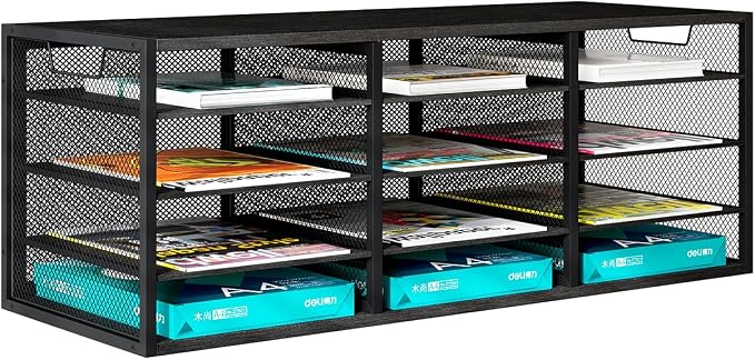 Mail Sorter Adjustable Countertop Heavy Duty Literature Organizer Student Mailbox for Classroom Desktop Bill Paper Holder Rack for Office Home School, 12 Compartments, Black by PAG-Mass