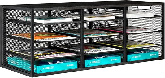 Mail Sorter Adjustable Countertop Heavy Duty Literature Organizer Student Mailbox for Classroom Desktop Bill Paper Holder Rack for Office Home School, 12 Compartments, Black by PAG-Mass