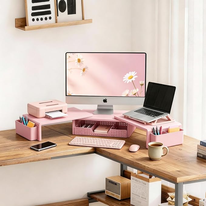 LEKETREE Dual Monitor Stand Riser with Drawer, Desk Organizer and Accessories, Monitor Stand for Desk, Desktop Stand for Computer, Laptop, TV and More (Pink) - Image 2