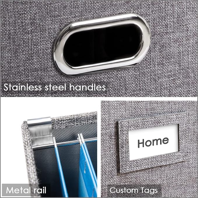 File Organizer Box - Set of 2 Collapsible Decorative Linen Filing Storage Hanging File Folders with Lids Office Cabinet Letter/Legal Size Grey (17x14x11.2 inch) - Image 4