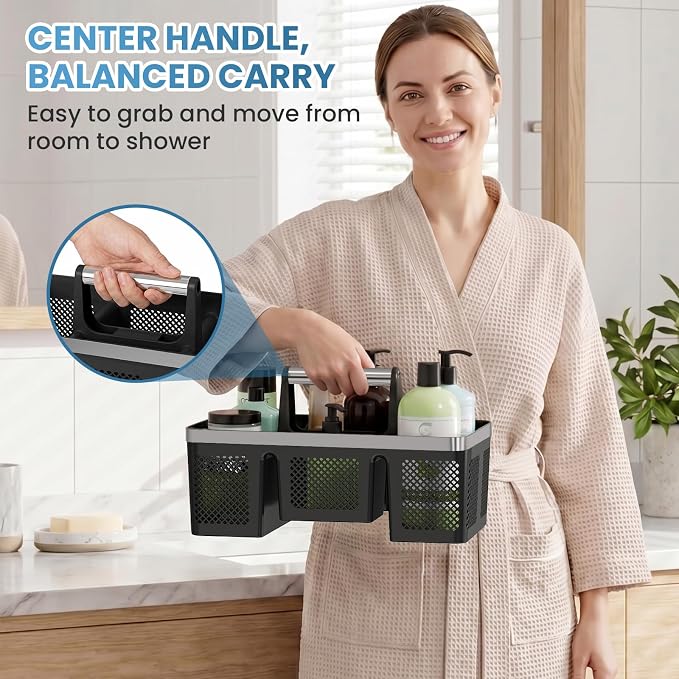 BYUNER 2Pack Plastic Shower Caddy: Portable Hard Bathroom Basket Tote with Handle, 4 Divided Compartments, All-Side Drainage, Non-Mesh Shower & Cleaning Caddy Organizer for College Dorm, Black/Silver - Image 4