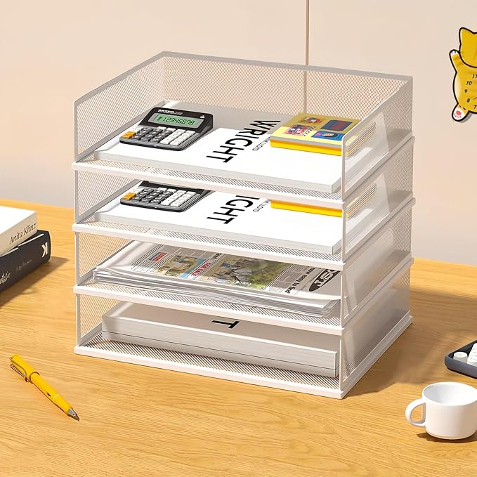 A3 Mesh Desk File Organizer, Stackable Paper Tray，Desktop Document Sorter, File Storage, 3/4/5-Tier Paper Letter Tray Organizer, Desk Accessories & Workspace, Black (4 Tier-Landscape-White) by wen-liz-US