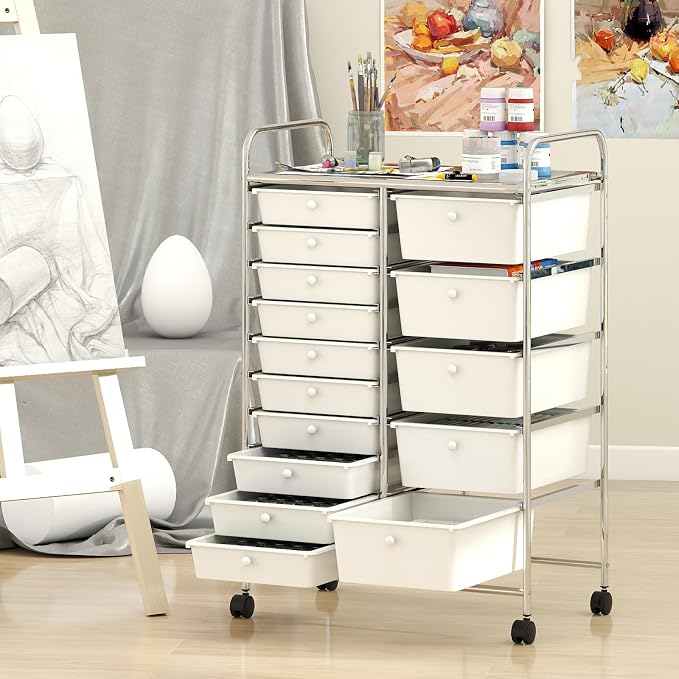 Giantex 15 Drawer Rolling Cart with Drawers, Storage Organizer Cart for Classroom Office School Teacher, Mobile Drawer Cart for Tools, Crafts, Small Printer, Ivory - Image 2