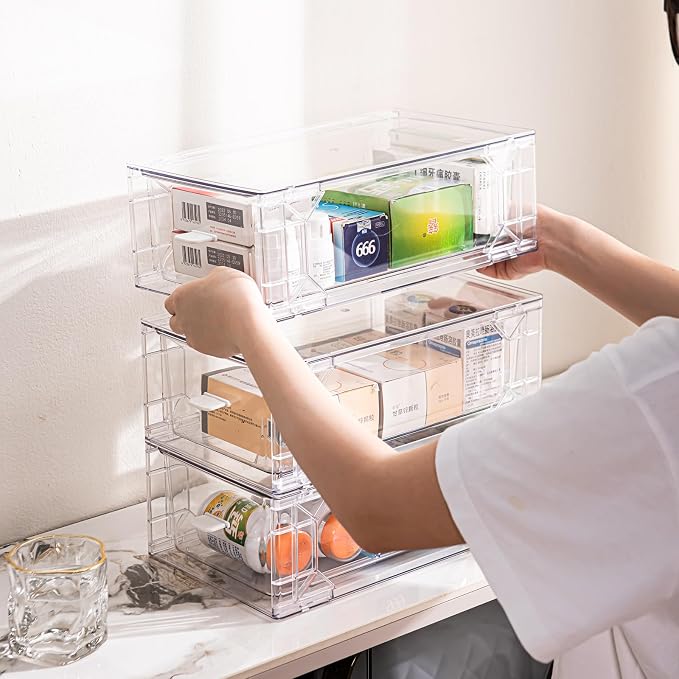 6 Pack Stackable Organizer Drawers, Clear Desk Storage Box,Transparent Drawer in Home, Office and Kitchen Pull Out Organizer Bins for Make Up, Pen, Desktop Stationary (6 Pack) - Image 2