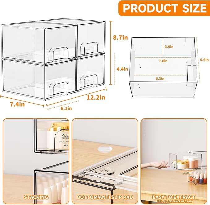 4 Pack Clear Stackable Storage Drawers,4.4'' Tall Acrylic Drawer Containers for Organizing,Bathroom Organizers and Storage Bin Box,Plastic Makeup,Medicine Organizer Bins for Cabinet,Undersink - Image 3
