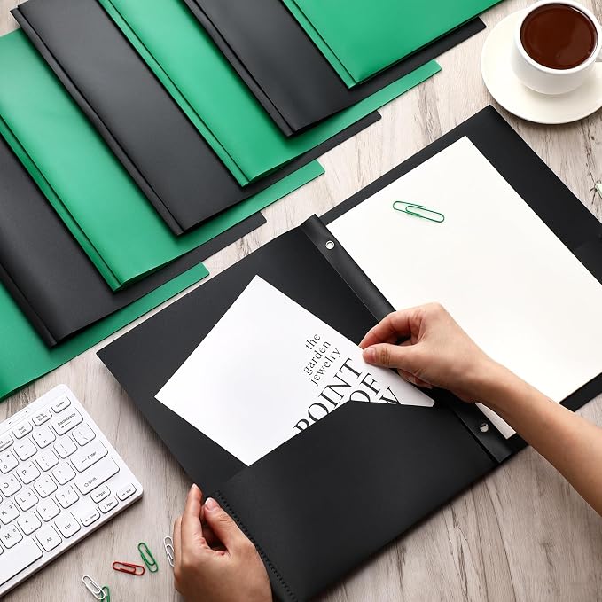 Cholemy 72 Packs Pocket Folders with Prongs Heavy Duty Plastic Folder with Business Card Slot 3 Prong Fasteners for School Office (Black,Green) - Image 4