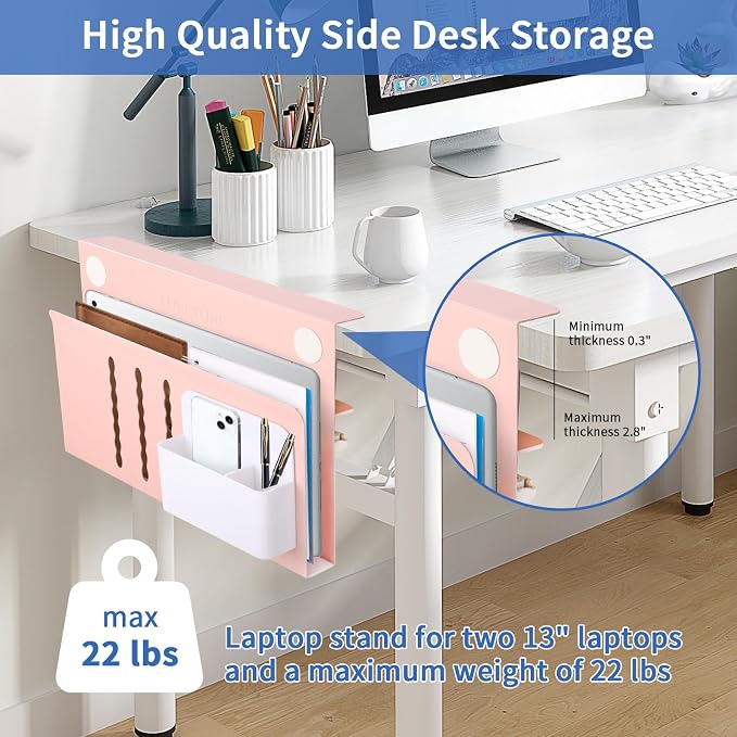LUKETURE Desk Side Storage Laptop Holder No Drill Clamp On Organizer | Steel Side Desk Organizer, Clamp on Laptop Mount with Pen Holder, Hanging Storage for Home Office, Fits 0.3" to 2.8" - Image 2
