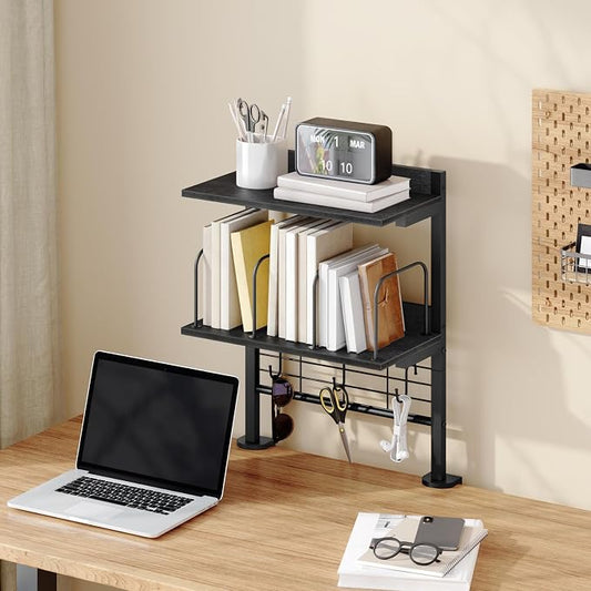 MAHANCRIS Clamp on Desk Shelf, 2 Tier Desk Storage Organizer, Desktop Bookshelf with Hooks and Divider, Desk Accessories for Study and Gaming Room, Black DSBK4501 by MAHANCRIS