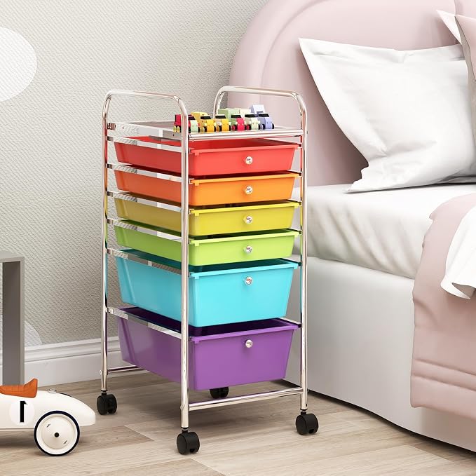 COSTWAY 6-Drawer Rolling Storage Cart, Art Craft Tools Organizer on Wheels | Multifunctional Heavy Duty Utility Mobile Storage Trolley w/ 2 Lockable Wheels for Home Office School (Multi-color) - Image 2