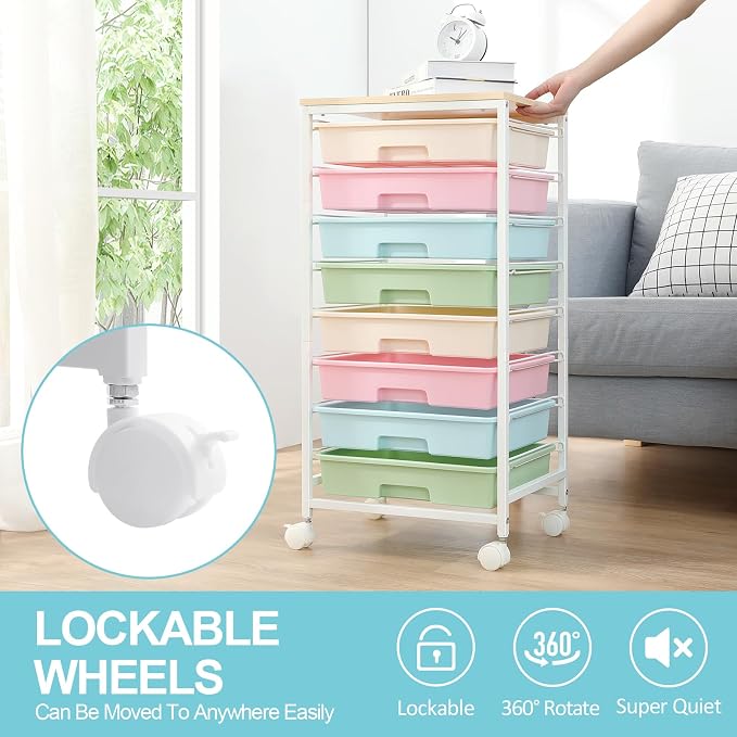 SYKIARIOL Rolling Cart with Drawers, 8 Drawers Utility Cart, Rainbow | Rolling Drawer Cart on Wheels with Wooden Tabletop for Living Room,Classroom,Bedroom,Bathroom,Dorm,Office - Image 4