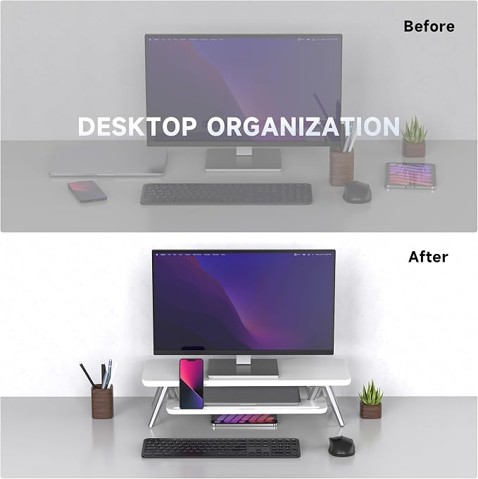 Fenge Monitor Stand Riser, Wooden Desk Shelf with 2-Tier Storage | 23.6-Inch Wide, Sturdy Aluminum Legs, Built-In Phone & Tablet Slot, Desktop Organizer for Office Accessories - Image 6