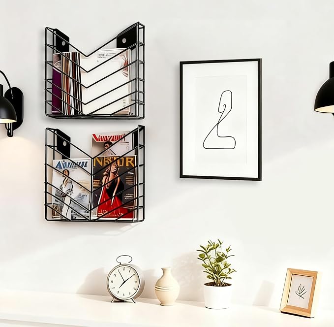 CROISSANT Black Wall Mounted File Organizer,Metal Magazine Basket, Concave Wall Mounted Magazine Rack, Suitable for Hanging File Folders for Office Living Room (Black, 1 Pack) - Image 3
