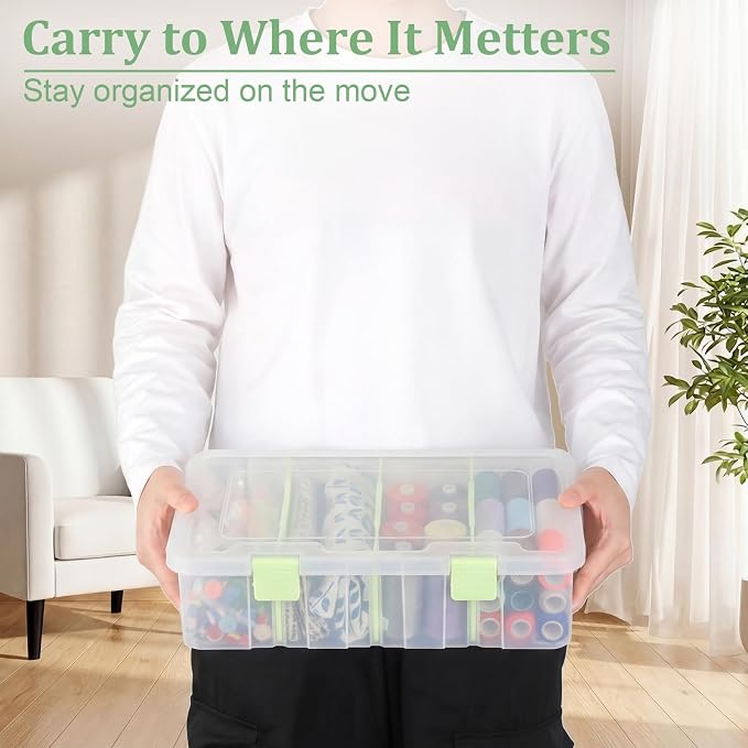 BTSKY Clear Plastic Dividing Storage Box with 4 Compartments Sewing Box | 13.3x8.1x3.4 Inches Adjustable Storage Bin with Lid Plastic Craft Storage Container Multipurpose Art Supply Organizer Green - Image 5