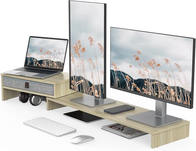 Fenge Triple Monitor Stand with Srorage Drawer, Adjustable Length and Angle | Computer Monitor Riser for 2 or 3 Monitors, Wooden Desktop Laptop Stand, Office Organizer for PC, Screen, Tablet, Oak by Fenge