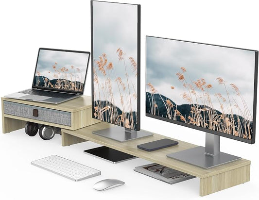 Fenge Triple Monitor Stand with Srorage Drawer, Adjustable Length and Angle | Computer Monitor Riser for 2 or 3 Monitors, Wooden Desktop Laptop Stand, Office Organizer for PC, Screen, Tablet, Oak by Fenge