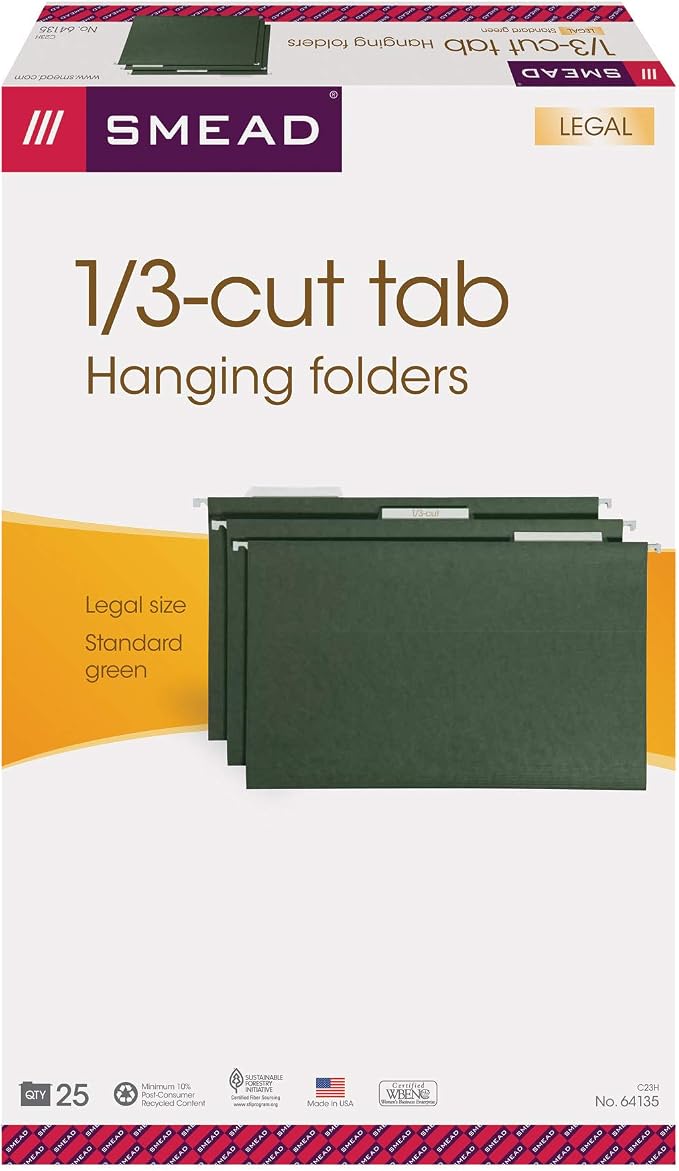 Smead Hanging File Folder with Tab, 1/3-Cut Adjustable Tab, Legal Size, Standard Green, 25 per Box (64135) (Pack of 2) - Image 6