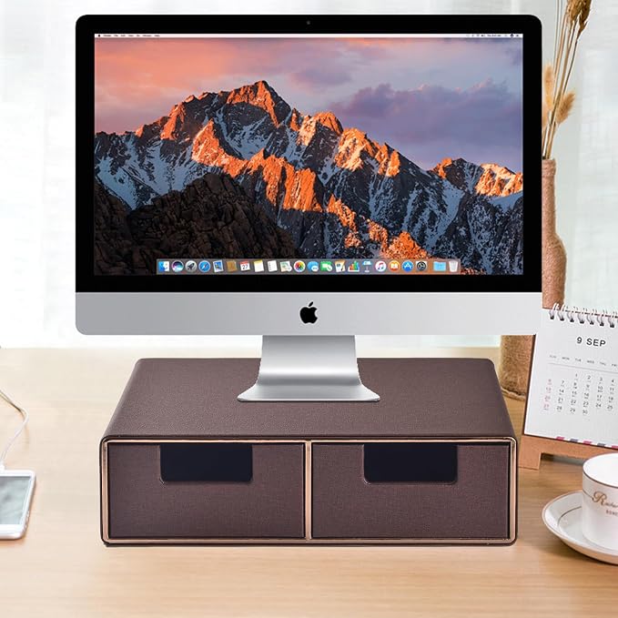 Linen Leather Desk Organizer and monitor stand with Drawers－Mini Desktop Drawer Organizer Stackable－Tabletop Organization Storage Box for Office Supplies Home Vanity Toiletries (Brown, 2-drawers) - Image 2