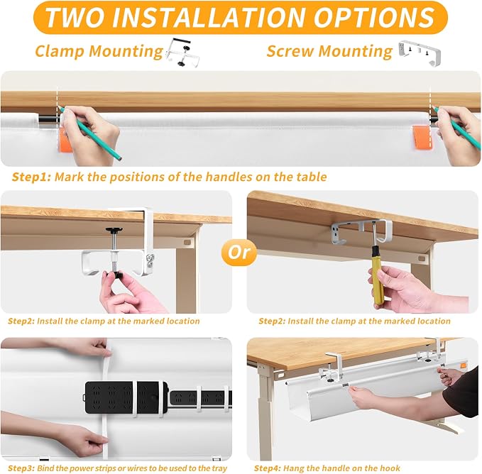 Under Desk Cable Management Tray No Drill,36Inch Cable Management,White | Clamp and Screw Mount Cable Management Tray, Extra Large Capacity Desk Cable Management, Fabric Wire Management for Office - Image 8