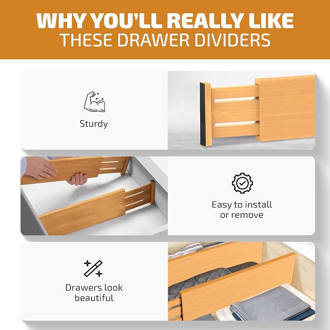 6-Pack Drawer Dividers 6-Inch High Dresser Drawer Organizer 11.5 to 17 Inch | Bamboo, Spring Loaded, No Tools Needed, for Clothes, Utensils, Socks and Deep Drawers in Bedroom, Bathroom, Kitchen, Office - Image 6