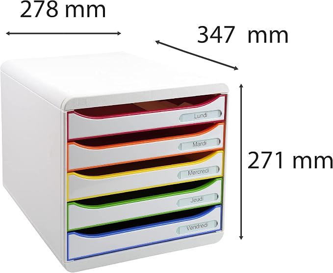 Exacompta Big Box Plus - 5 Drawer Desktop Organizer- 100% Recycled Materials - Fits Letter and A4+ Size Paper - White w/Multicolored Accents- Dimensions13 5/8 x 11 x 10 5/8 - Made in Europe - Image 3