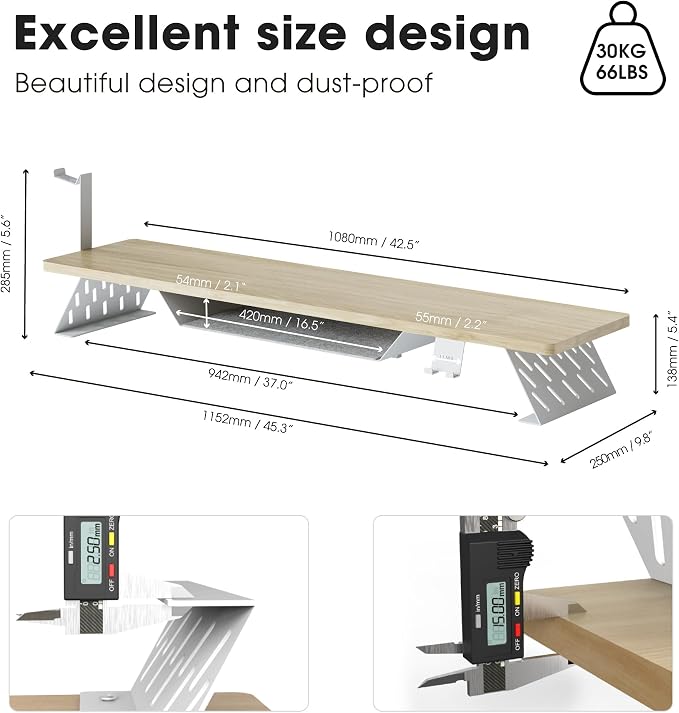 Fenge Dual Monitor Stand, Wooden Desk Shelf with Headphone & Phone Holder | 42.5" Monitor Riser with Storage Shelf, 2-Tier Monitor Shelf with Metal Leg for Home Office Organizer, Oak - Image 4