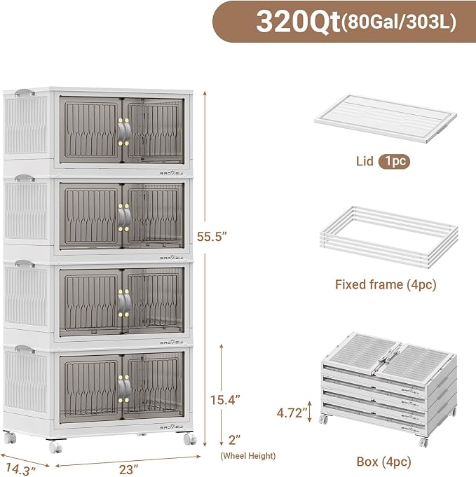 BROVIEW 320Qt Stackable Storage Bins with Lid, Extra Large Closet Organizer Collapsible Drawer Boxes with Wheels, Folding Plastic Cabinet Containers for Home Kitchen Room Organization, 4Pack White - Image 2