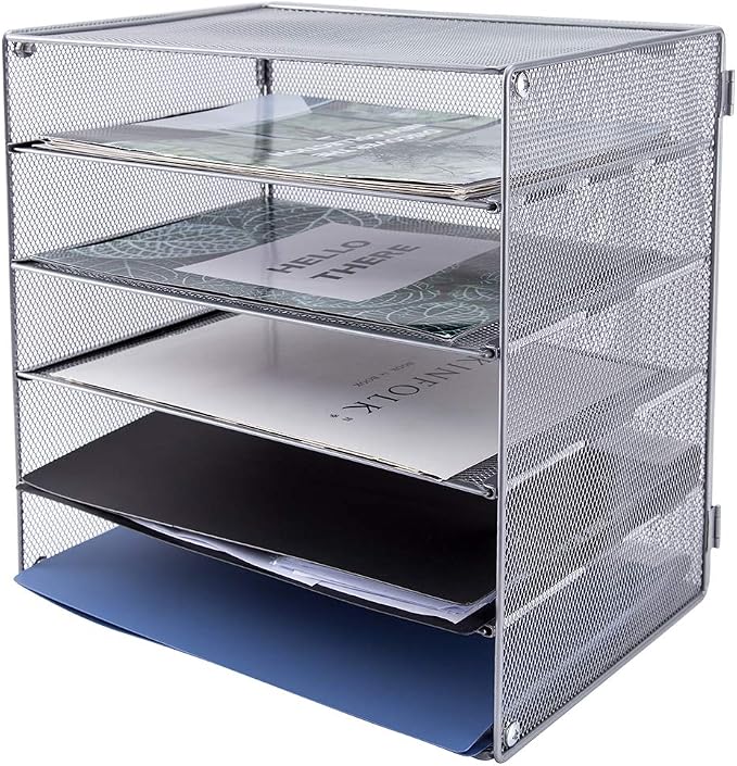 5 Slot Mesh Desk Organizer Tray, File Paper Letter Folder Holder Desktop Paper Sorter Mail Organization Rack Storage Accessories, for Office Home School Classroom, Silver - Image 3