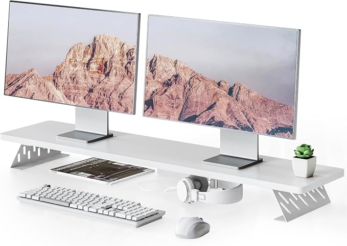 Fenge Monitor Stand Riser, Wooden & Metal Desk Shelf Organizer, White | 42.5 Inch Dual Monitor Riser for 2 Monitors, Multifunctional Monitor Shelf for Laptop, PC, Printer by Fenge