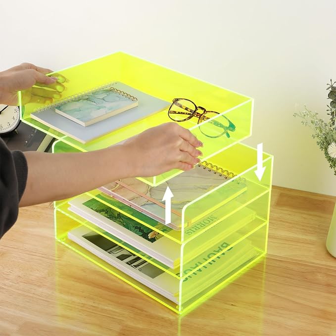 Gelite Acrylic File Organizer for Desk 4 Tiered Stackable Letter Tray Office Paper Storage Desktop Document Sorter, Neon Green - Image 3
