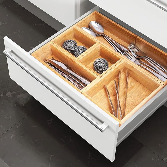 Fabsome Bathroom Drawer Organizer, Bamboo Box Bin for Junk Vanity Desk Makeup Drawer, Small Wooden Container Tea Storage Organization Tray for Kitchen Office, Set of 5 - Image 5