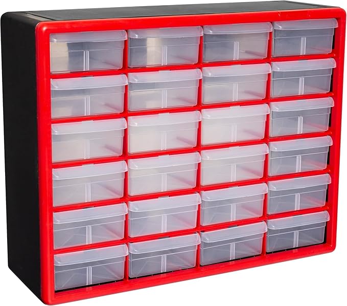 Akro-Mils 24-Drawer Plastic Storage Cabinet, 20"W x 6"D x 16"H, Red | Plastic Cabinet w/ Drawers for Garage Organization, Beads, Building Bricks Storage, Teacher Toolbox, Makeup Organizer, 10124 by Akro-Mils